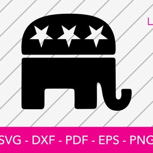 May include: Black and white silhouette of an elephant with three stars on its head. The elephant is a common symbol for the Republican Party in the United States.