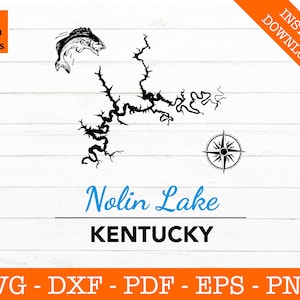 Nolin Lake, Kentucky Karte mit Kompass und Bass SVG geschnitten Datei - PNG - DXF - Cricut - Sommer Vektor Clipart - kommerzielle Lizenz enthalten