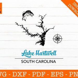 Lake Hartwell Karte, Lake Hartwell Karte, South Carolina SVG geschnitten Datei - PNG - DXF - Cricut - Sommer Vektor Clipart - kommerzielle Lizenz enthalten