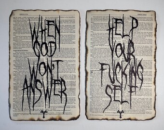 Vintage Bijbel gotische kunstpagina's | "Als God niet antwoordt" / "Help je verdomde zelf"