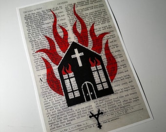 Vintage bijbelse gotische kunstafdrukken | Brandende kerk
