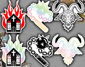 Holografische gotische stickers | Baphomet, middeleeuwse dorsvlegel en brandende kerk
