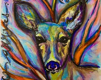 Grace Arrives – Colorful Deer Watercolor Mixed Media Giclée Print, Inspirational Healing Art
