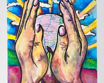 Nurturing – Original Watercolor Mixed Media Painting | South Africa & Zimbabwe Map