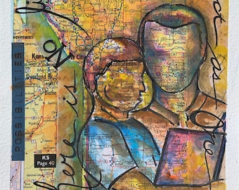 We Act as One- Original Mixed Media Watercolor Painting on Map | Family Connection Art