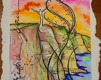 Orchestrate Your Own Emancipation – Original Watercolor Mixed Media Painting | Ireland Map & Vintage Sheet Music