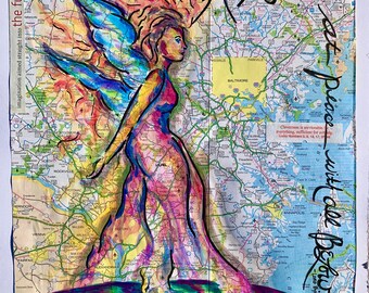 Watercolor Map Painting: Angel Wings, Lord Byron Quote