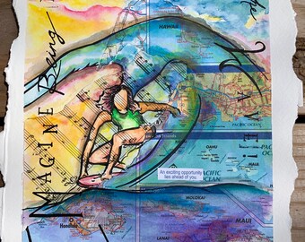 Imagine Being the Wave – Mixed Media Watercolor Painting | Hawaiian Map Art
