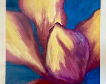 Passionate – Original Colorful Magnolia Oil Painting on Paper, Professionally Framed Wall Art