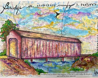 Bridge – Original Watercolor Mixed Media Painting on Vintage Map