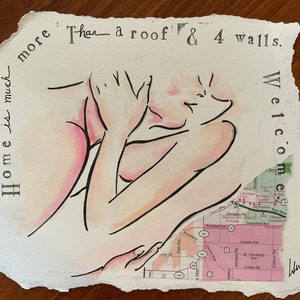 At Home – Original Mixed Media Watercolor & Ink Painting on Map Paper | Intimate Embrace Art