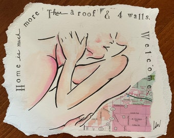 At Home – Original Mixed Media Watercolor & Ink Painting on Map Paper | Intimate Embrace Art