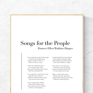 Chansons pour le peuple par Frances Ellen Watkins Harper - impression d'art poésie, art mural littérature, impression physique poème, aucun cadre inclus