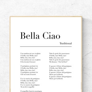 Bella Ciao Lyrics Art Print, Traditional Italian Music Wall Art, Song Physical Print, Modern Decor, No Frame Included