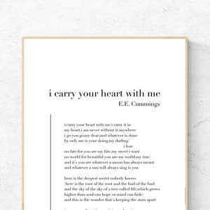 I carry your heart with me par E.E. Cummings - Reproduction de poésie, oeuvre d'art murale littérature, impression physique de poème, décoration moderne, aucun cadre inclus