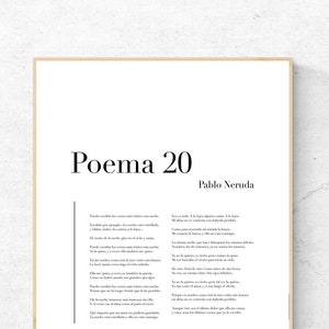 Poema 20 de Pablo Neruda - Hiszpańska poezja Plakat do druku, Natychmiastowe pobieranie, Wystrój domu, Cyfrowa sztuka ścienna, Nowoczesny wydruk