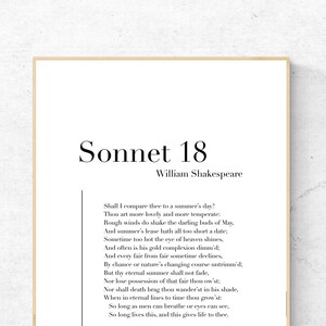 Sonet 18 Williama Szekspira - Poezja Plakat do druku, Natychmiastowe pobieranie, Wystrój domu, Cyfrowa sztuka ścienna, Nowoczesny wydruk, Projekt plakatu
