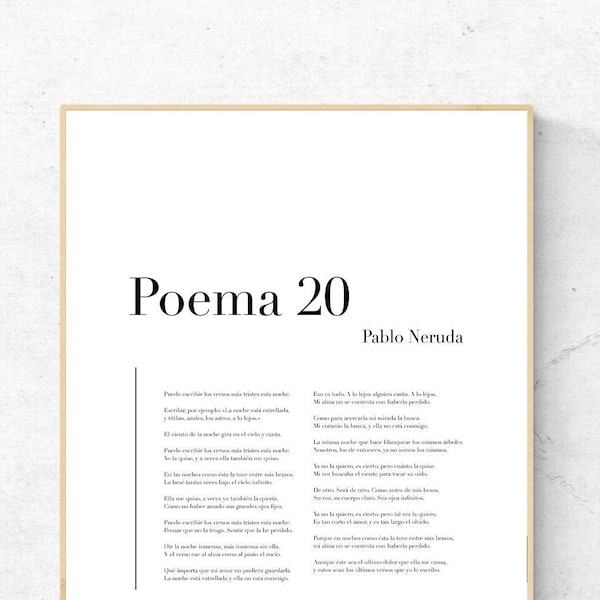 Poema 20 de Pablo Neruda - Spanish Poetry Art Print, Literature Wall Art, Poem Physical Print, Modern Decor, No Frame Included