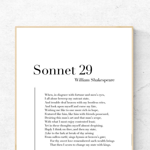 Sonnet 29 by William Shakespeare - Poetry Printable Poster, Instant Download, Home Decor, Digital Wall Art, Modern Print, Poster Design