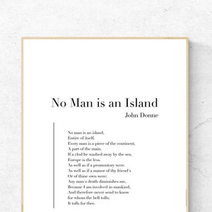 No Man is an Island par John Donne - impression d'art poésie, art mural littérature, impression physique poème, décoration d'intérieur moderne, aucun cadre inclus