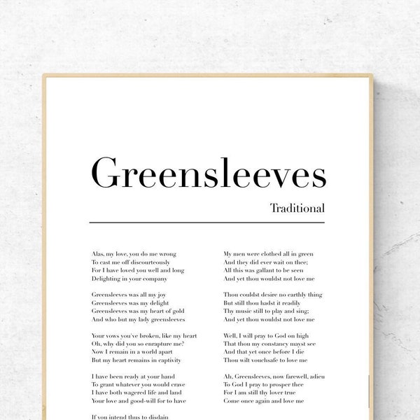 Greensleeves Lyrics Art Print, Traditional Music Wall Art, Song Physical Print, Modern Decor, No Frame Included