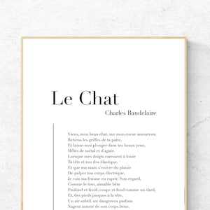 Le Chat par Charles Baudelaire - impression d'art poésie, art mural littérature, impression physique poème, décoration moderne pour amoureux des chats, pas de cadre inclus