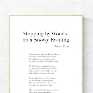 S'arrêter dans les bois par une soirée de neige par Robert Frost - impression d'art de poésie, art mural littérature, impression physique de poème, sans cadre inclus
