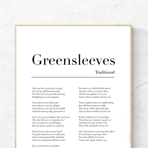 Greensleeves Lyrics Printable Poster, Instant Download, Traditional Music Home Decor, Digital Wall Art, Song Modern Print