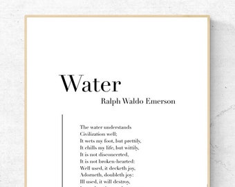„Woda” autorstwa Ralpha Waldo Emersona – wydruk artystyczny z poezją, sztuka ścienna z literaturą, wydruk fizyczny wiersza, nowoczesna dekoracja do domu, bez ramki