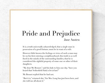 Pride and Prejudice by Jane Austen - First Page - Book Printable Poster, Literature Instant Download, Literary Home Decor