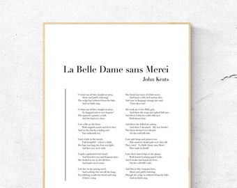 Könnte beinhalten: Ein gerahmter Druck eines Gedichts mit dem Titel "La Belle Dame sans Merci" von John Keats. Das Gedicht ist in schwarzem Text auf weißem Hintergrund gedruckt.