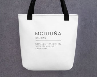 Morriña Tote Bag - Galizische Definition Wiederverwendbare Tasche, Minimalistische Tragetasche, Schwarz-Weiß-Tragetasche