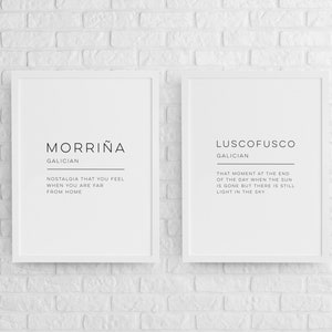 Definiciones de Morriña y Luscofusco - 2 Carteles Originales Imprimibles, Descarga Instantánea, Decoración del Hogar Galicia, Arte Digital mural, Grabados de arte moderno