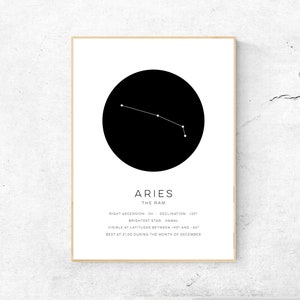 Peut inclure: Une affiche encadrée représentant la constellation du Bélier, un cercle noir avec des points et des lignes blanches. Les mots "ARIES" et "THE RAM" sont en dessous, avec des informations sur l'ascension droite, la déclinaison et la visibilité.
