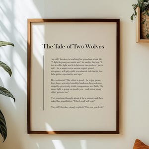 El cuento de dos lobos - Lámina artística con cita, Arte mural con discurso, Impresión física nativa americana, Decoración para el hogar Cherokee, Marco no incluido