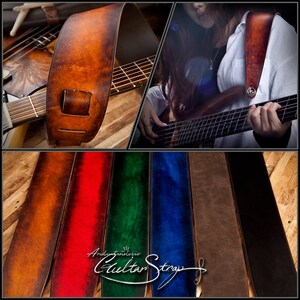 Puede incluir: Un collage con correas de guitarra en varios colores. La parte superior izquierda muestra una correa de cuero marrón sujeta a una guitarra. La parte superior derecha muestra a una persona tocando un bajo con una correa marrón. La parte inferior muestra correas en rojo, verde, azul, marrón y negro.