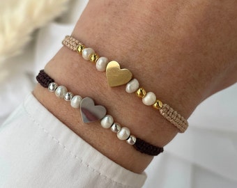 Filigree pearl bracelet / macrame bracelet / heart gold / silver / freshwater pearl / lucky charm