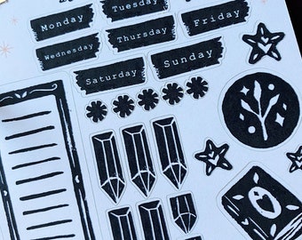 Sticker Sheet No. 3 (“Planner Perfect”) Planner Stickers/Bullet Journal Stickers/Scrapbook Stickers. Based on Original Linocut Prints.