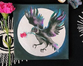 Totem - Raven Gouache Painting. Mixed Media Canvas Original. Handdrawn. Limited Edition.