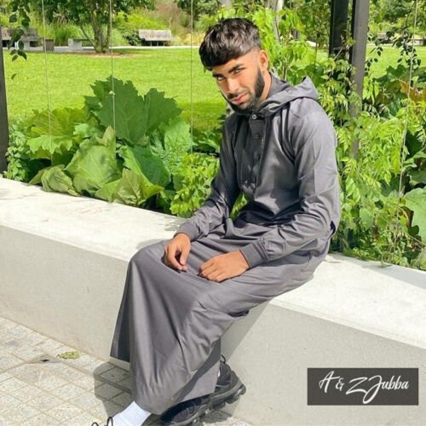 Mens Designer Hooded Jubba Thobe Boys Muslim Arab Style UK