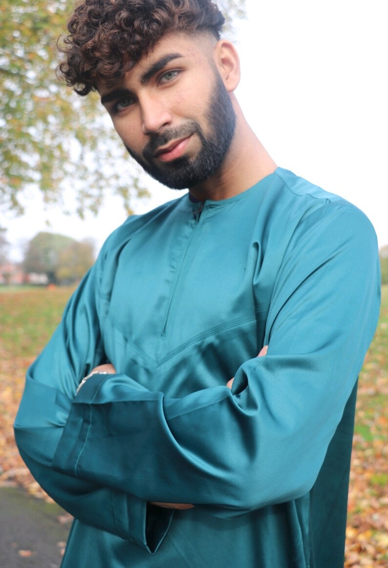 Men's Designer Emirati Omani Shiny Thobe Jubba 4 Colours Emerald