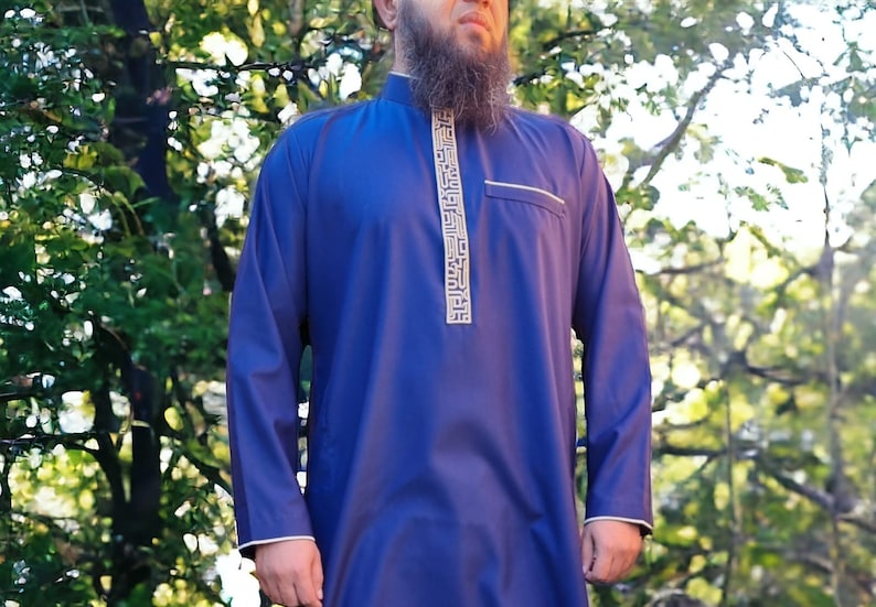 Mens Premium Thobe Jubba Gold Embroidery 3 Colours Navy