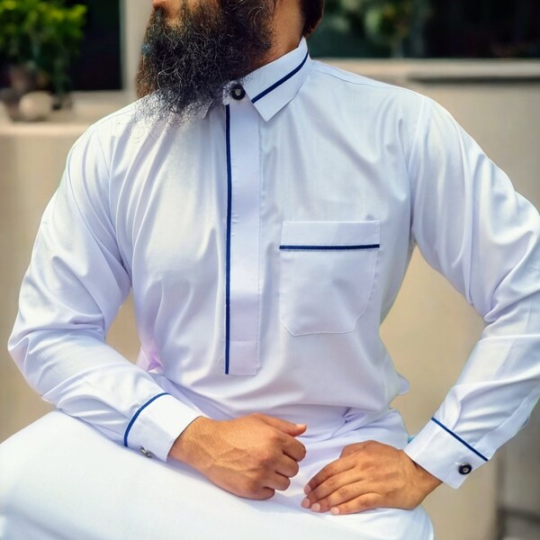 Men’s Premium Collared Thobe Jubba With Cuffs White