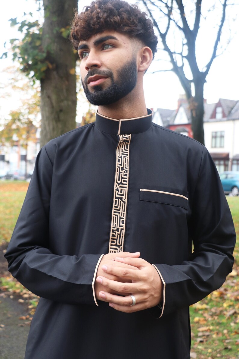 Mens Premium Thobe Jubba Gold Embroidery 3 Colours Black