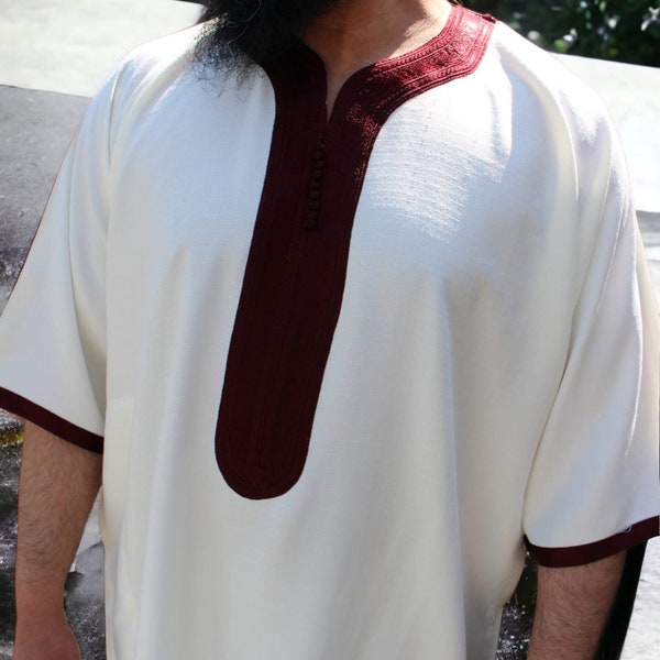 Caftan Marocain Gandora Homme Blanc avec Broderie Rouge