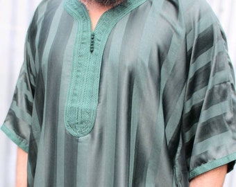Men's Moroccan Gandora Kaftan Emerald Stripes