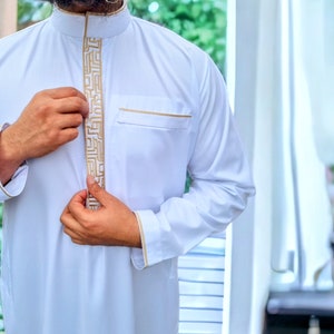 Mens Premium Thobe Jubba Gold Embroidery 3 Colours White