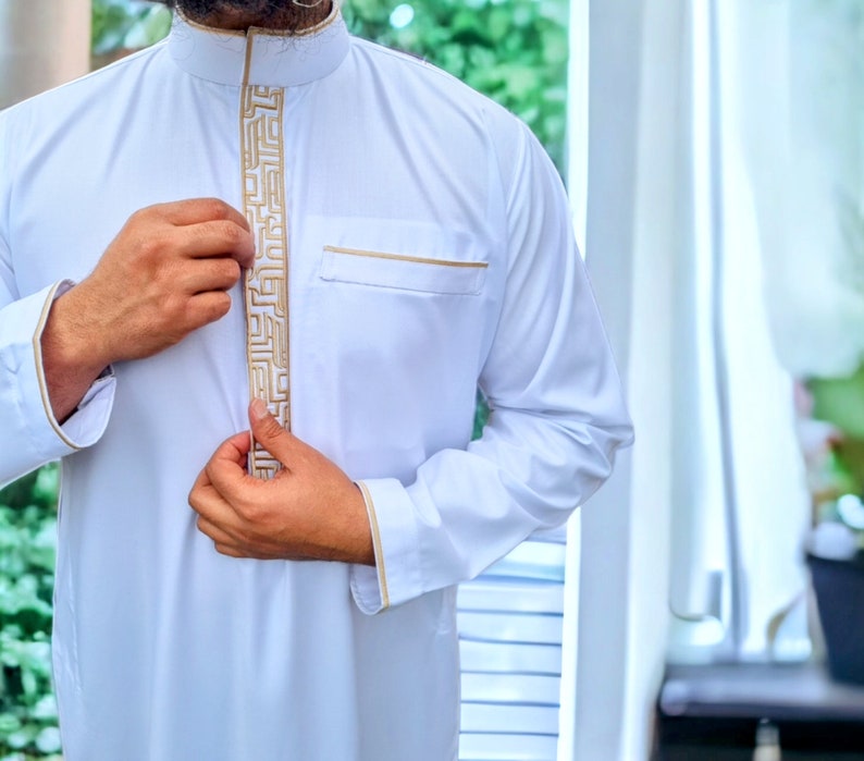 Mens Premium Thobe Jubba Gold Embroidery 3 Colours White