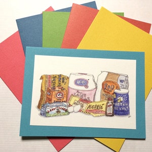 May include: Watercolor illustration of vintage baking supplies, including flour, sugar, salt, and extracts. The artwork is on a white background, framed by a teal card, and surrounded by colorful paper squares in pink, green, red, and yellow.
