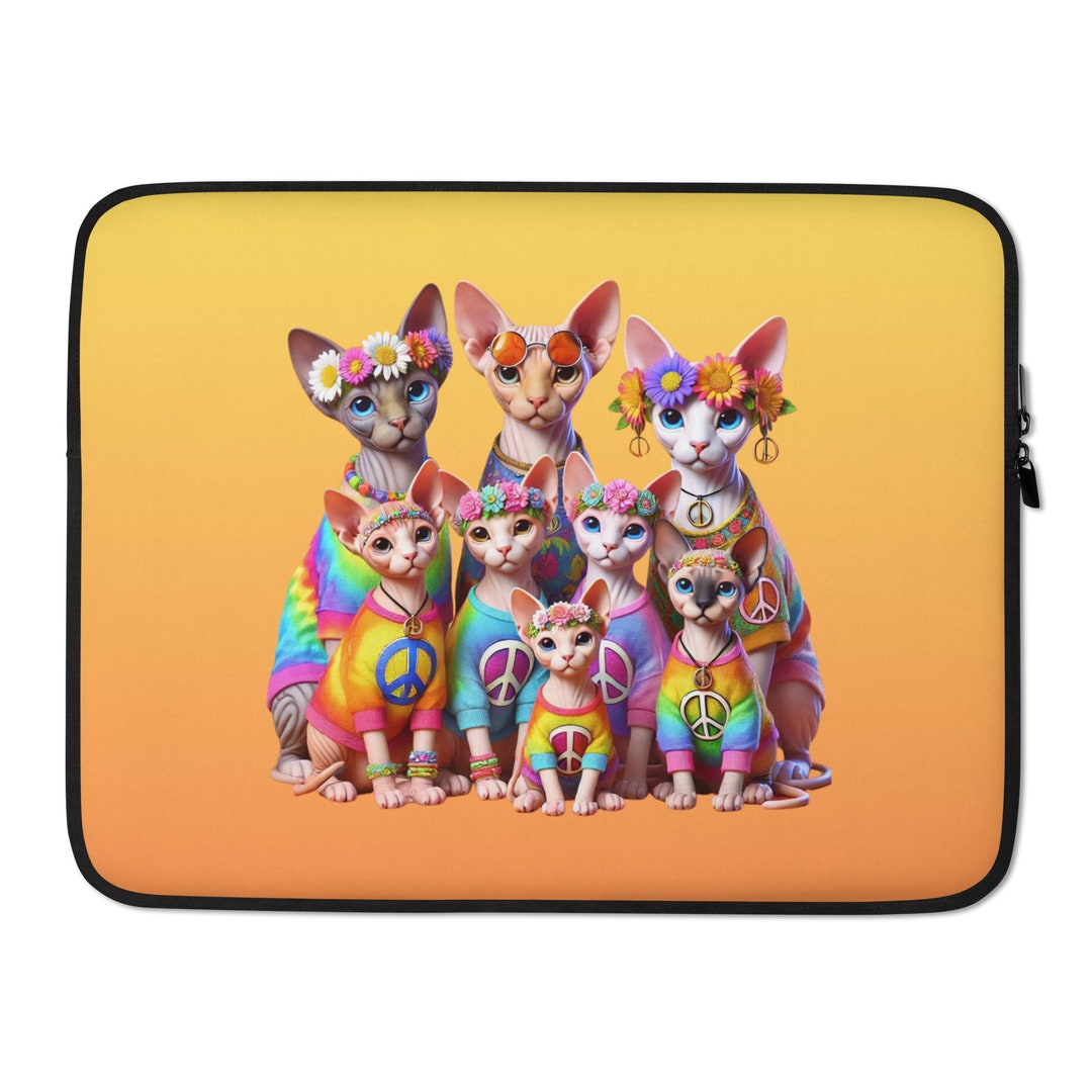 Computer Cat Covers Sphynx Cats Laptop Sleeve, Hippie Cats, Groovy Laptop Cover, Cat Lover ...